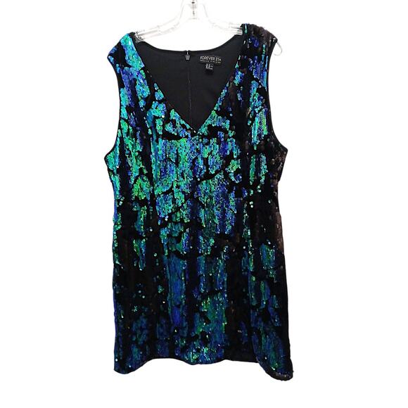 Forever 21 Mini Dress Sequin Plus 2X Green Iridescent Holiday Christmas NY Party - Picture 10 of 16